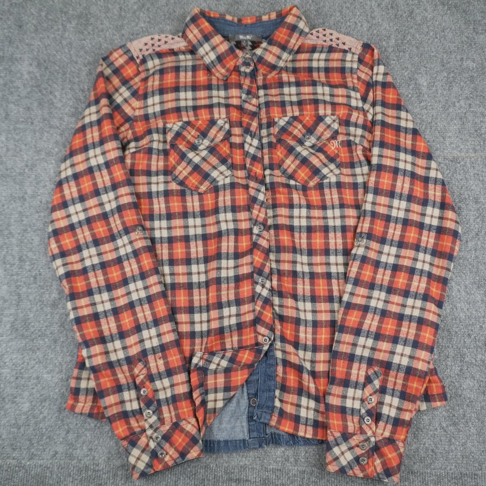Miss Me Plaid Button Down Womens Shirt Large Orange Blue Denim‎ Cowgirl Shirt